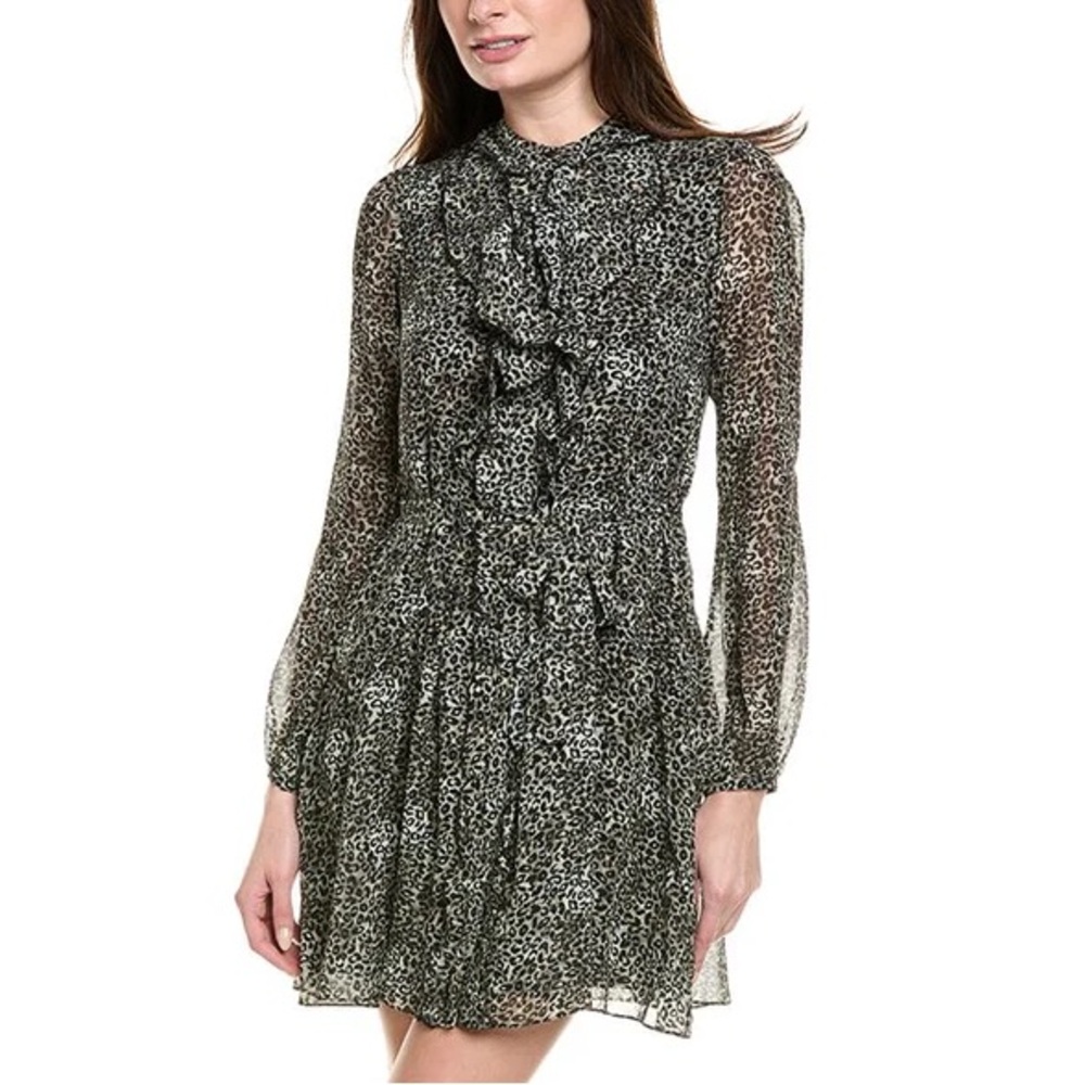 SALONI Tilly Ruffled Leopard Print Long Sleeve Silk Button Up Shirt Dress EUC 0